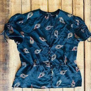 Madewell 100% Silk Peacock Feather Print Button Front Peplum Blouse Black Size 0